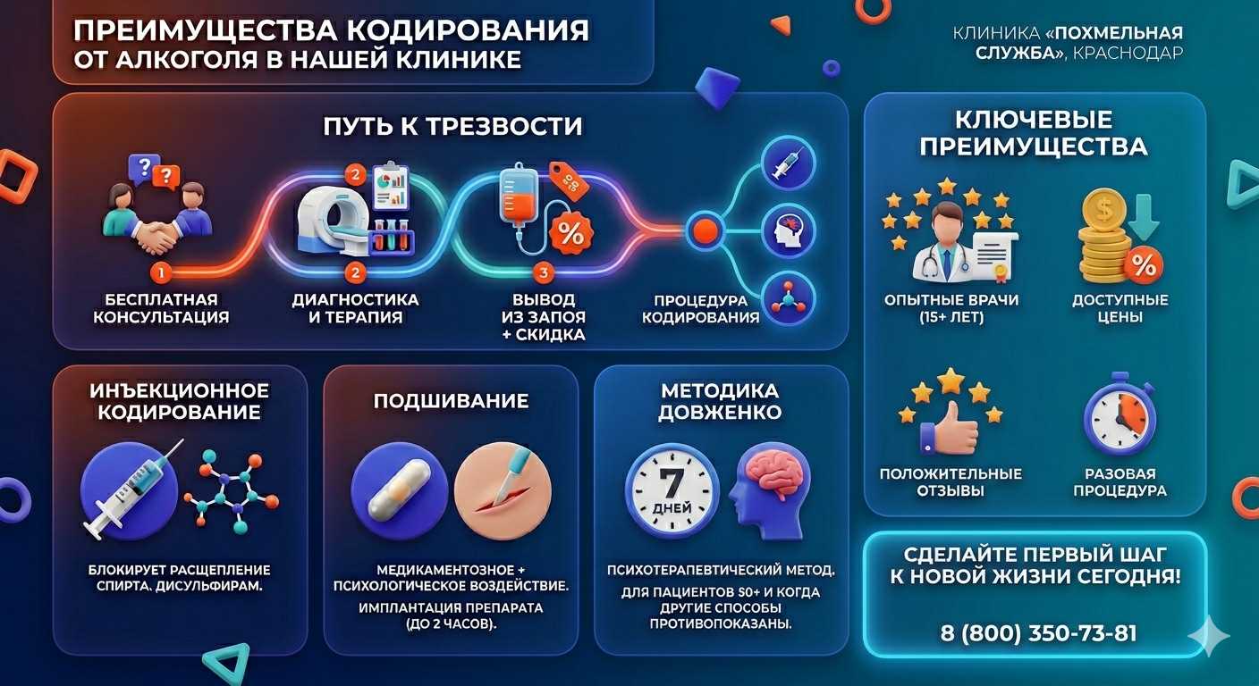 Инфографика о методах кодирования от алкоголя в Краснокамске: инъекции, подшивание, метод Довженко. Преимущества клиники и этапы лечения.