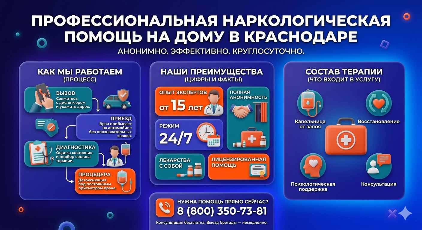 Инфографика о принципах лечения алкоголизма на дому в Краснокамске: этапы вызова нарколога, преимущества анонимной детоксикации и состав медицинской помощи.